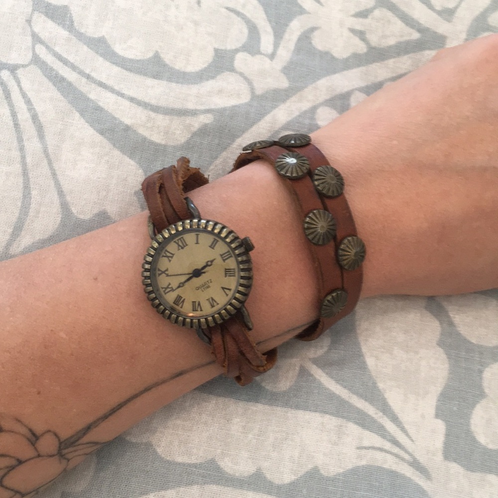 Leather and Stainless Steel Wrap Watch